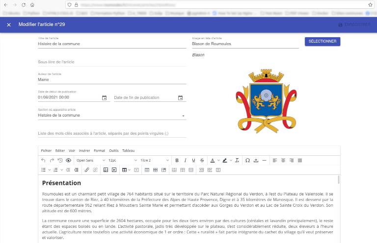 Copie d'écran d'une page de l'intranet de la commune de Roumoules